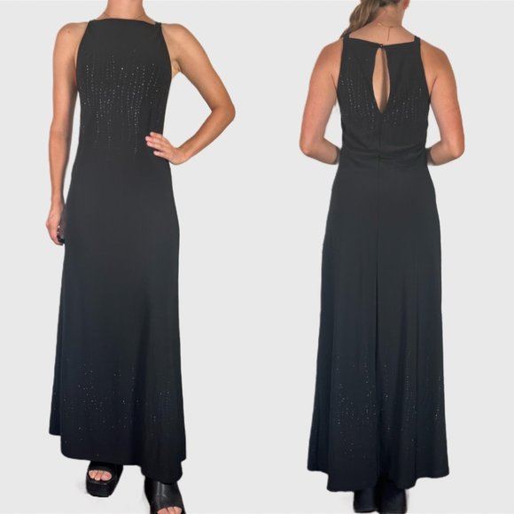 Vintage 90s Black Dress, 1990s Formal Maxi Slip Dress - Picture 1 of 8